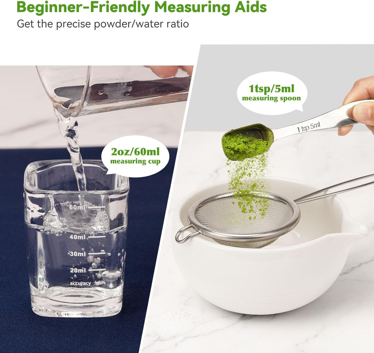 Matcha Tea Kit 10-Pcs Set, Whisk and Bowl with Spout & Measuring Spoon, Japanese Tea Making Tools, White