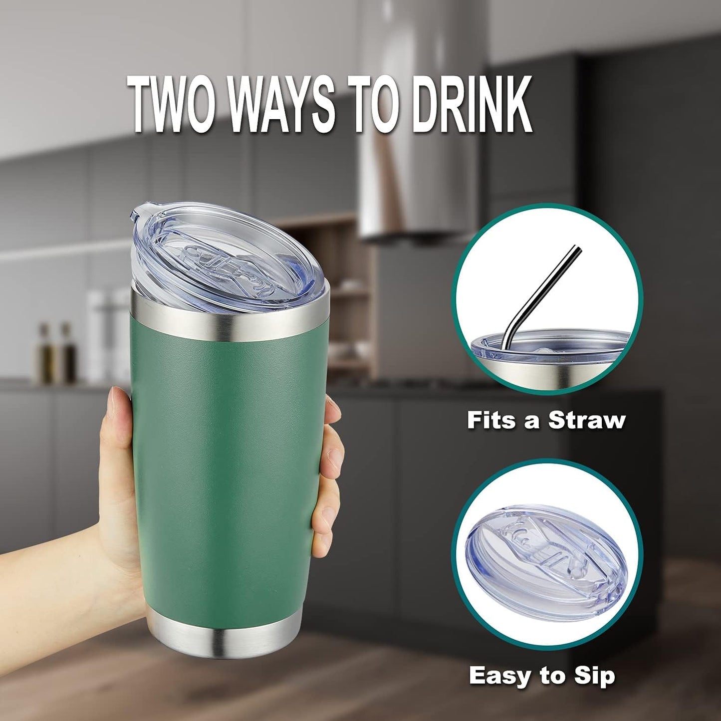 COMOOO 20oz Tumbler Bulk Double Wall Vacuum Insulated Travel Mug, Stainless Steel Tumbler with Lid and Straw Durable Powder Coated Insulated Coffee Cup for Cold & Hot Drinks (Dark Green, 2 pack