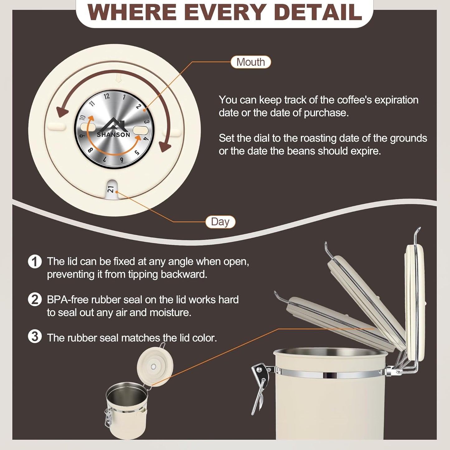 ShanSon Coffee Canister Airtight Coffee Container Stainless Steel Coffee Bean Storage Container with Scoop Coffee Canister for Beans Grounds Sugar Flour Tea Cereal,11OZ,Beige