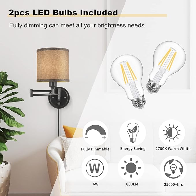 GOODATE Dimmable Plug in Wall Sconces, Swing Arm Wall Lamp, Wall Sconces Set of - Image 3
