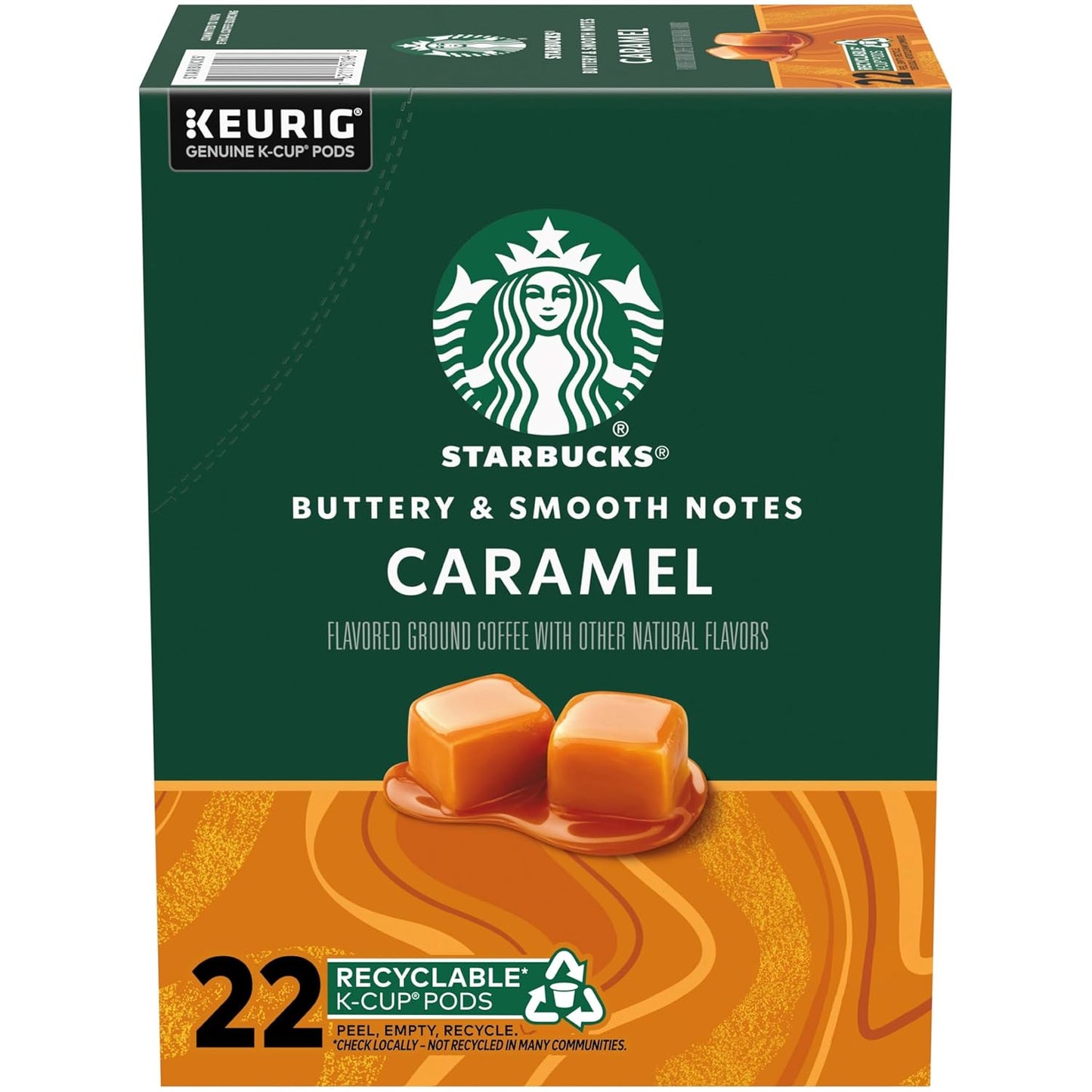 Starbucks K-Cup Coffee Pods, Caramel Naturally Flavored Coffee For Keurig Brewers, 100% Arabica, 1 Box (22 Pods)