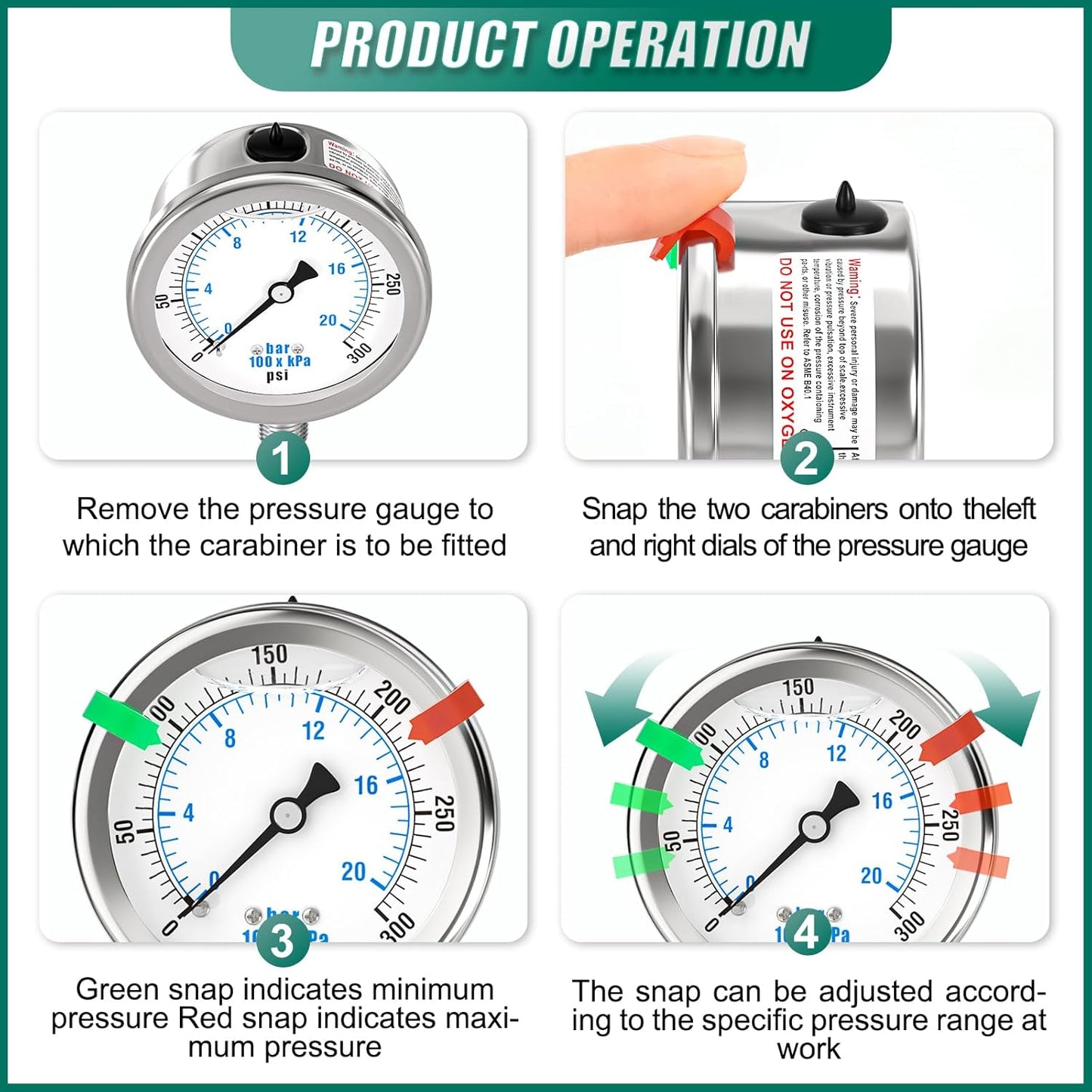 0-300PSI Stainless Steel Liquid Filled Pressure Gauge, 2.5" Dial Size, 1/4" NPT 316 Stainless Steel Joint, Lower Mount, for Tube, Water Pump, Gas, Liquid (with Range Mark Pointer)