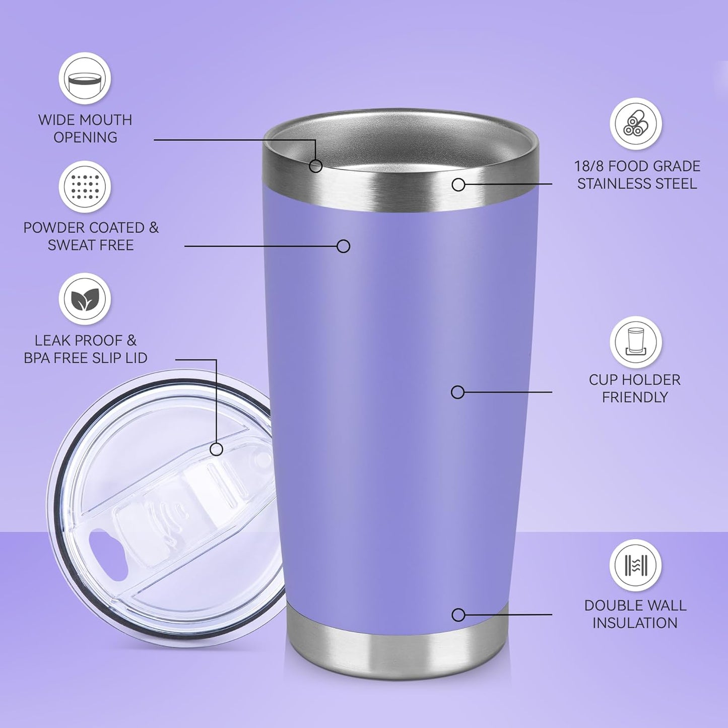 20 oz Tumbler Stainless Steel Tumblers Bulk with Lid Double Wall Insulated Coffee Tumbler Cups for Hot & Cold Drinks Powder Coated Travel Coffee Tumbler Mug Metal (Lavender, 12 pack)