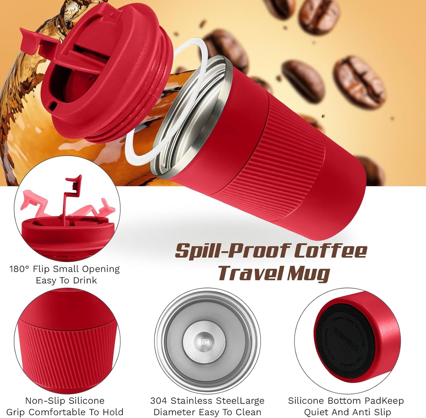 Vacuum-Insulated Stainless Steel Travel Coffee Mug, Leak-Proof Reusable Coffee Cup with Lid - Keep Hot & Cold Drinks for Hours, Durable Thermos Tumbler for Men & Women (3rd-Red, 12OZ)