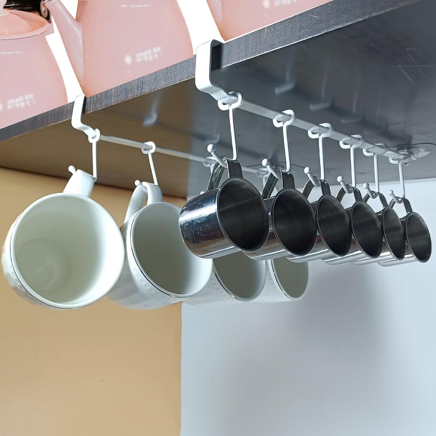 Adjustable Under Cabinet Coffee Mug Holder - Space-Saving Solution for Your Kitchen-Standard Cabinet Water Cup Organizer-2 Sets （12 Mobile Hooks-White）