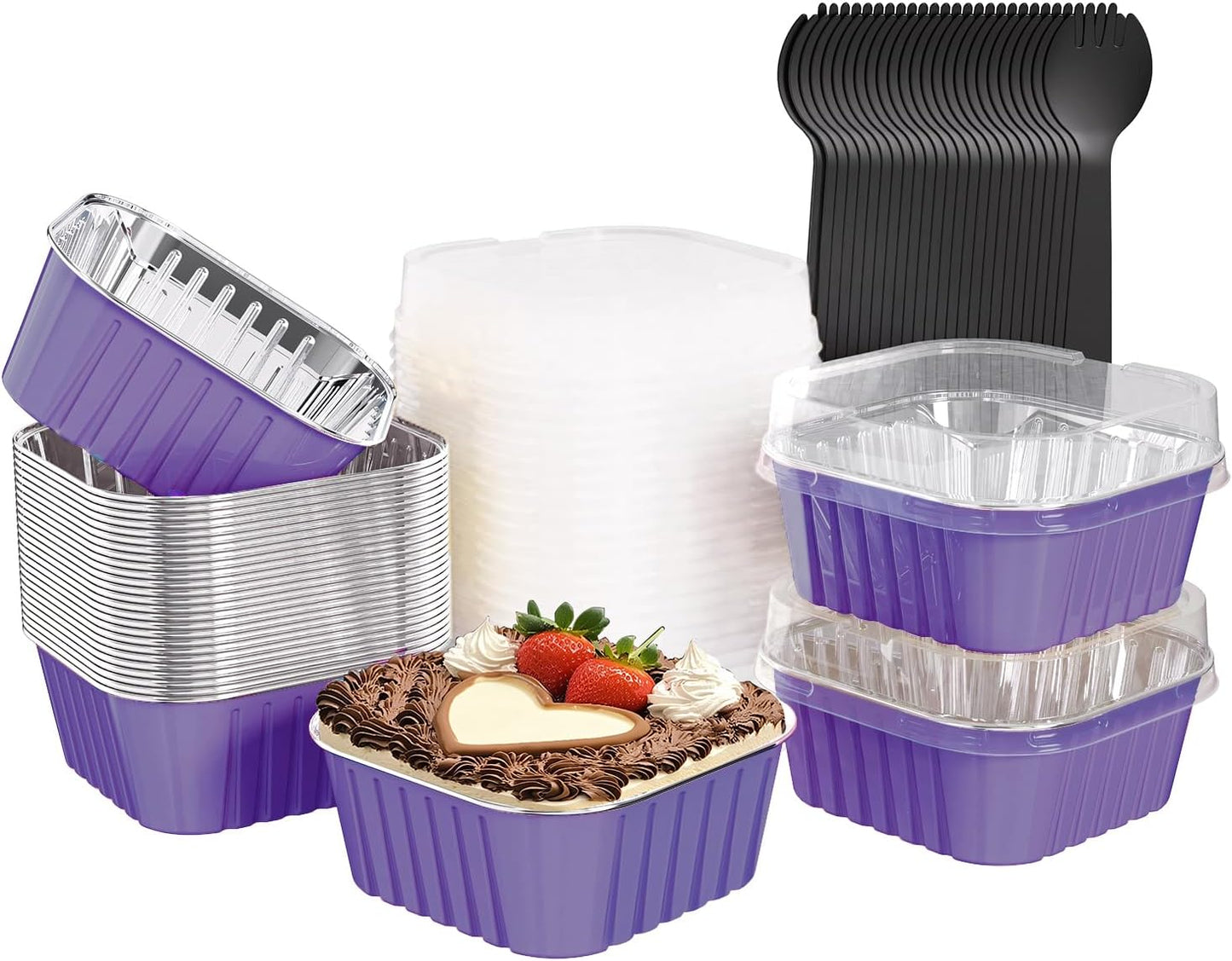 25 Pack Square Mini Cake Pans with Lids,Mini Loaf Pans with Lids,Aluminum Foil Baking Cups,Disposable Ramekins Cupcake Cups,Dessert Cups for Wedding Birthday Party Picnics,5oz (Purple)
