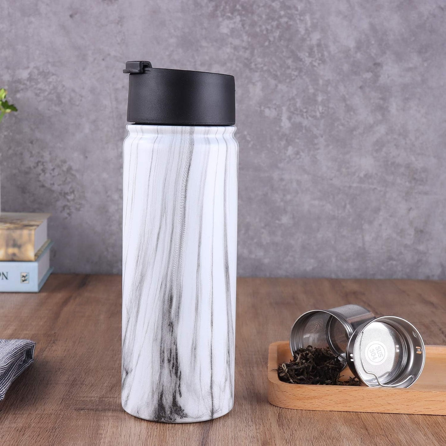 Tea Infuser Bottle With Removable Loose Leaf 18/8 Stainless Steel Insulated Travel Tea Strainer Tumbler tea drinkers gifts for women(White Marble)