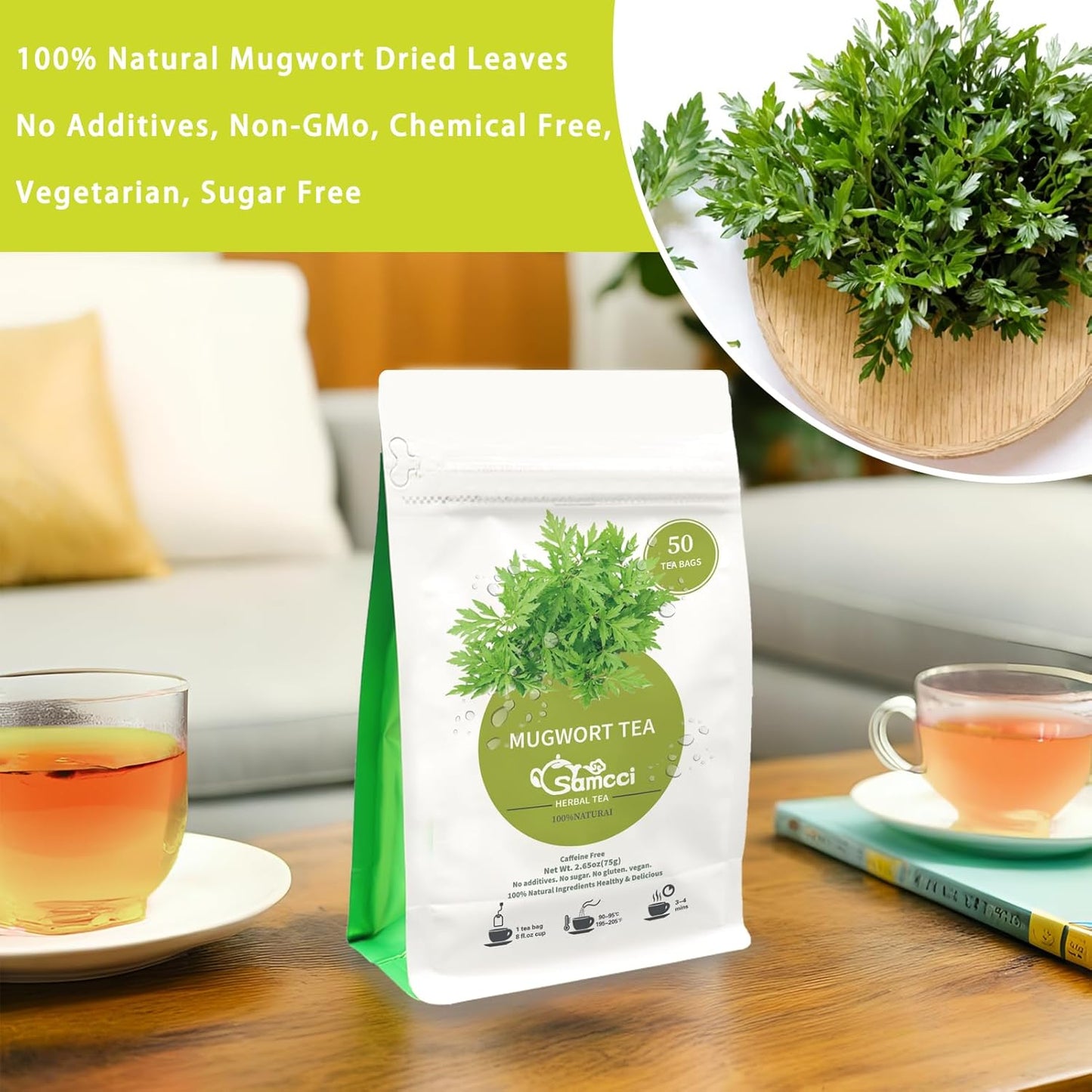 Samcci - Mugwort Tea Bag, 50 Teabags - 100% Natural Dried Mugwort leaves - No Sugar, No Caffeine, No Gluten, Vegan - Rich In Antioxidants
