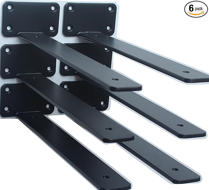 6 Pack - 11 inch Black Hidden L Shelf Bracket Iron Floating Shelf Brackets by MHMYDZ