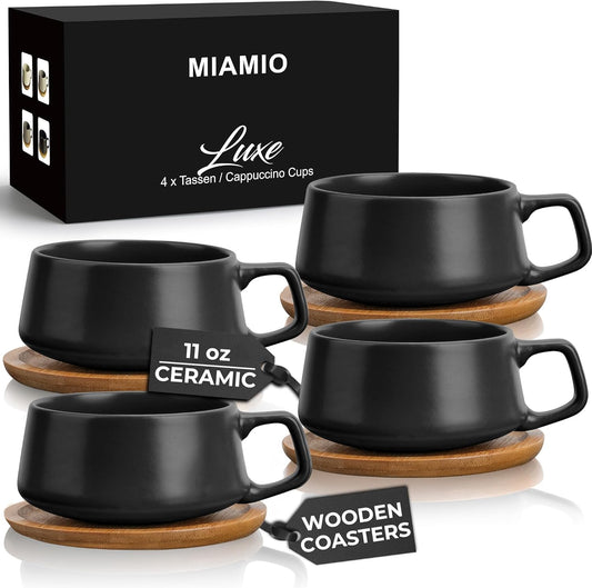 MIAMIO – 11 Oz., Set of 4 Ceramic Tea Cup and Saucer Bamboo/Tea Mug - Wide Cappuccino Cup, Coffee Cups Ceramic Mug for Cappuccino, Latte, Espresso & Americano - Luxe Collection (Black)