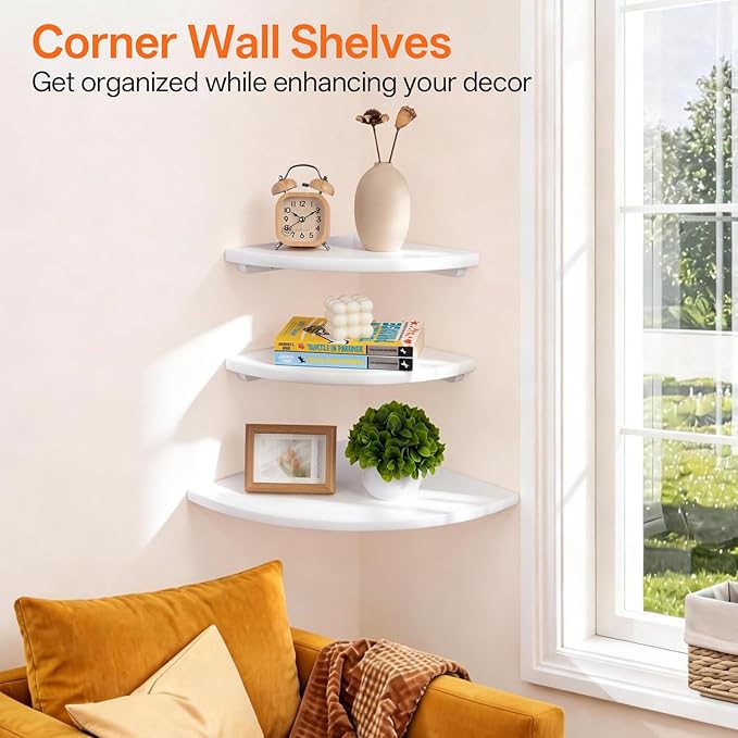 Gieanoo Floating Corner Shelves Set 2 7inch White Solid Oak Rounded Corner - Image 6