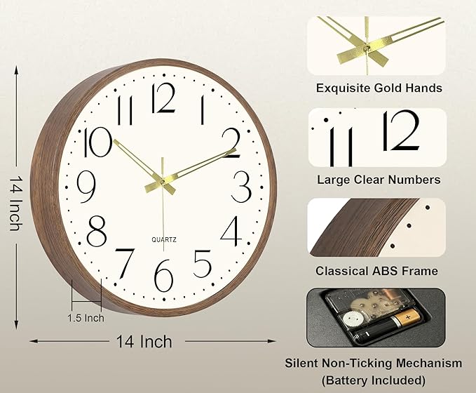 Vintage Wall Clock 14 Inch Quartz Silent Non-Ticking Analog Clock Battery - Image 3