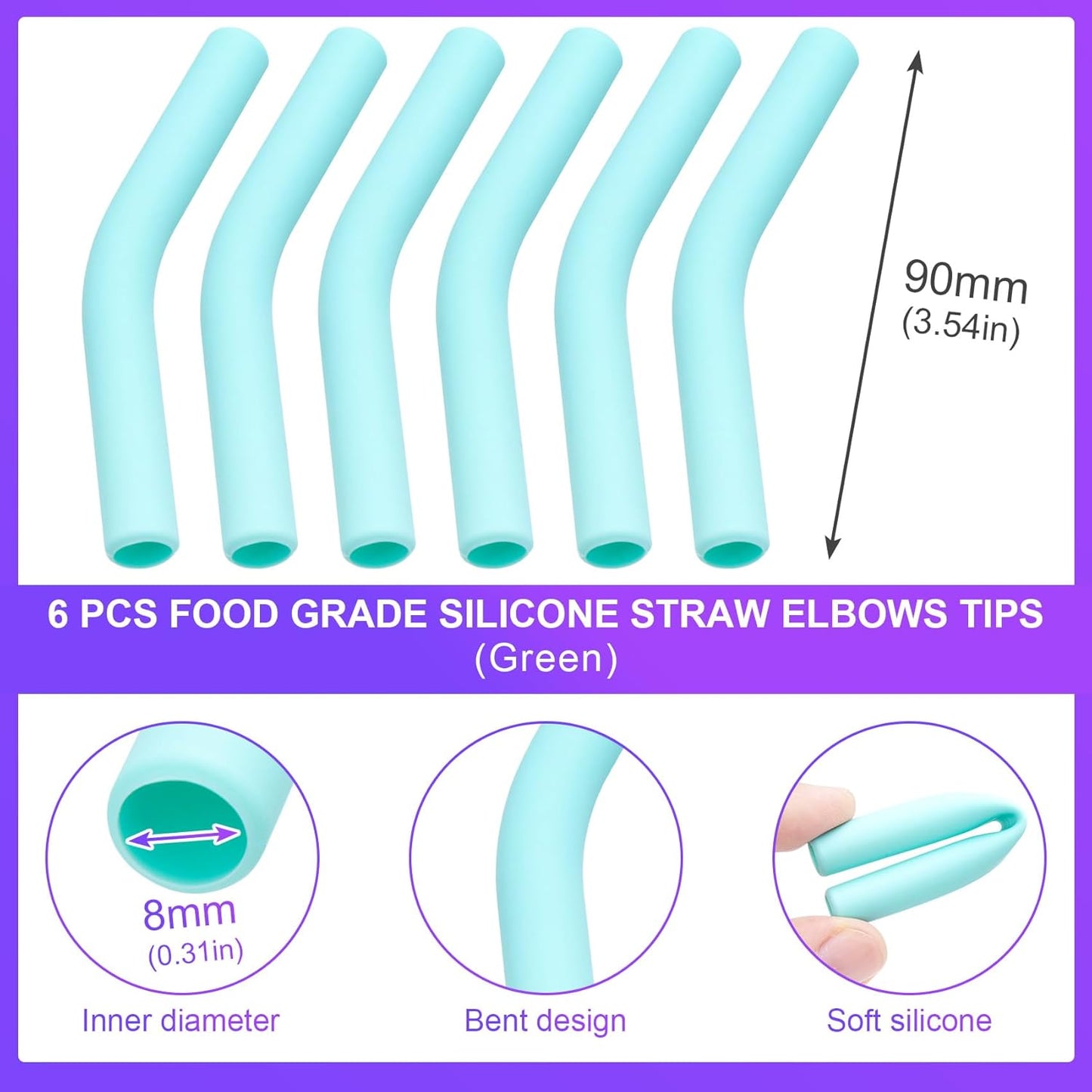 6Pcs Metal Straw Silicone Tips 5/16 IN Wide(8mm Outer Diameter) Food Grade Rubber Flex Elbow Straw Covers Replacement Tip for Stainless Steel Metal Straws,Green