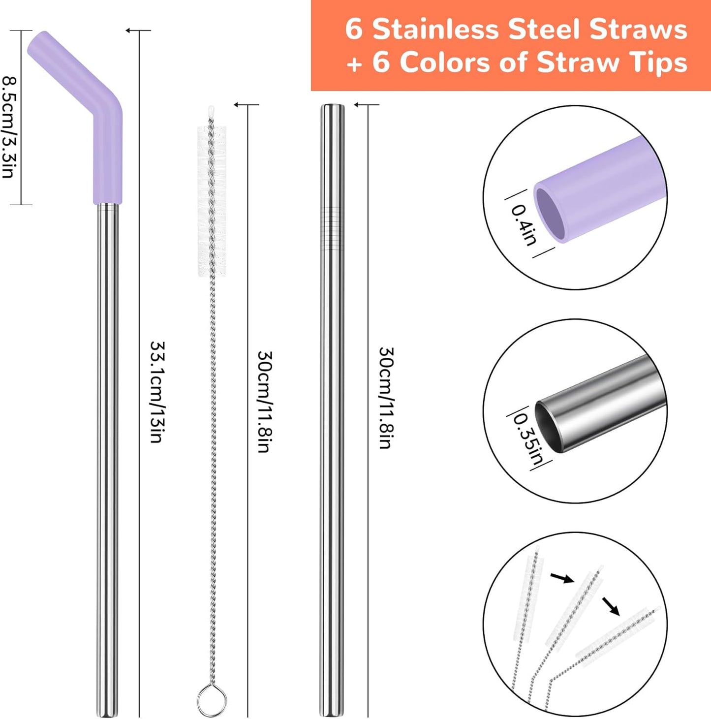 Tomorotec 40oz Straws, 13 Inch Stainless Steel Straw with Silicone Extender Tip for Stanley Adventure Quencher Tumbler 6-Pack with 2 Brushes, 0.35" Diameter Straws Food Grade BPA-Free Colorful Set