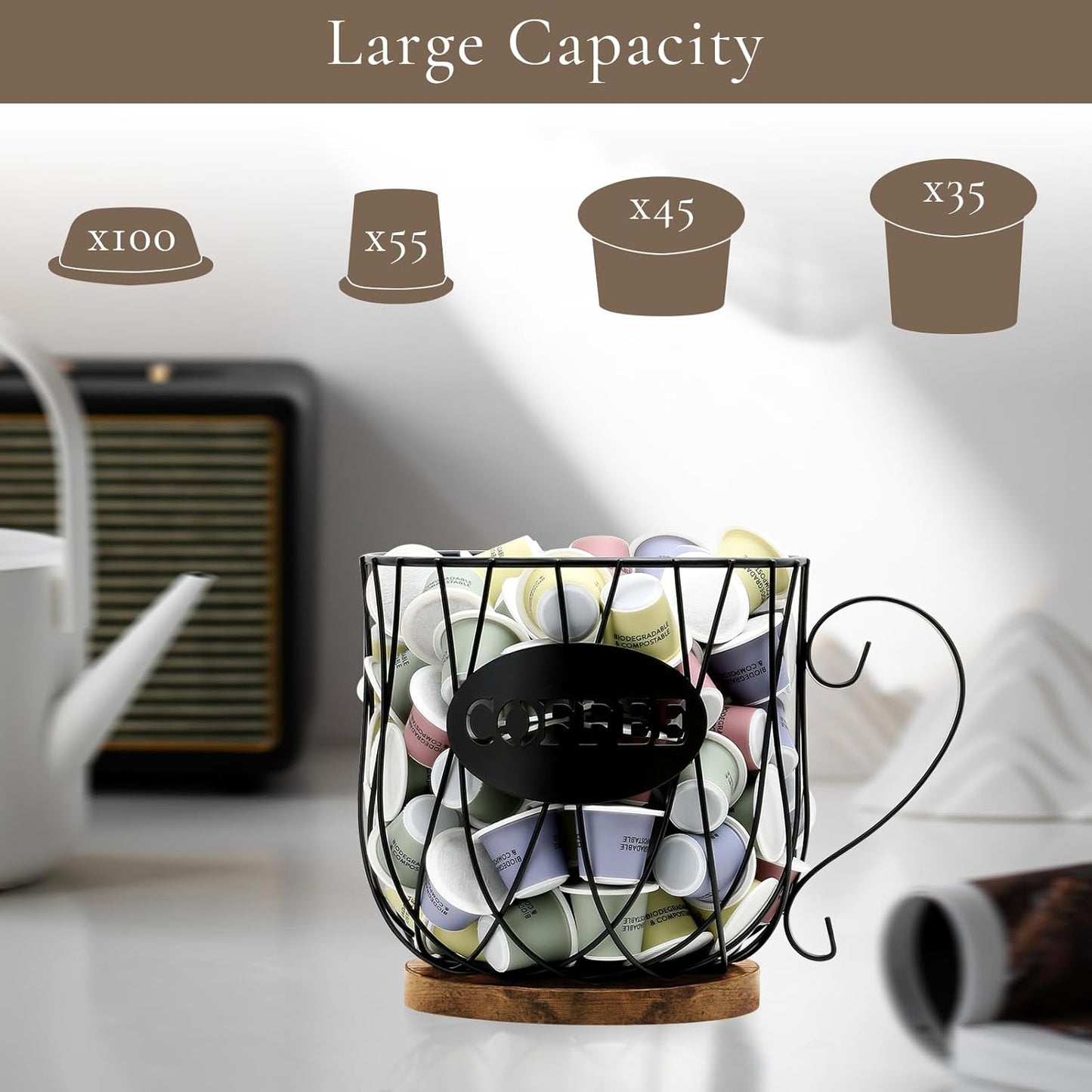 Rustic Metal K-Cup Coffee Pod Holder Mug - Large Wire Basket with Wooden Base for Countertop Coffee Storage - Farmhouse Decor for Home & Office (Rustic Brown-Round)