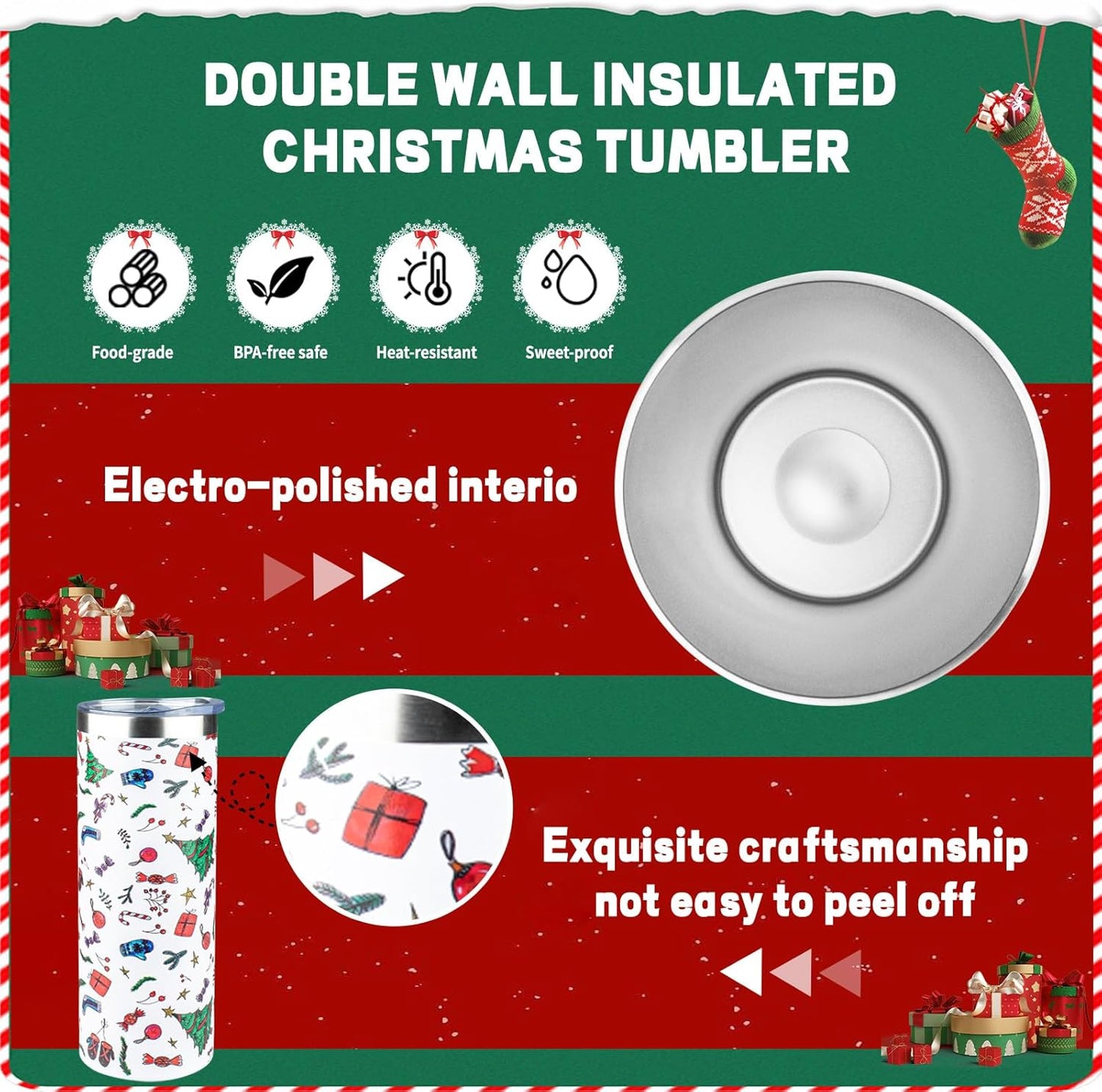 20oz Christmas Skinny Tumbler with Lid and Straw,Stainless Steel Vacuum Insulated Tumbler Cup Double Wall Travel Coffee Mug Christmas Gifts for Women Men(Xmas Elements,2)
