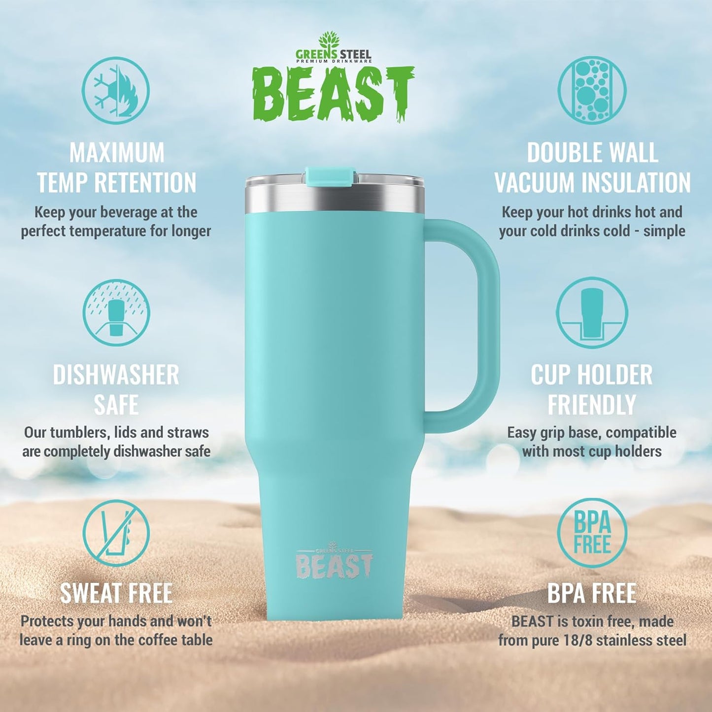 Beast 50 oz Tumbler Stainless Steel Vacuum Insulated Coffee Ice Cup Double Wall Travel Flask (Aqua Blue)