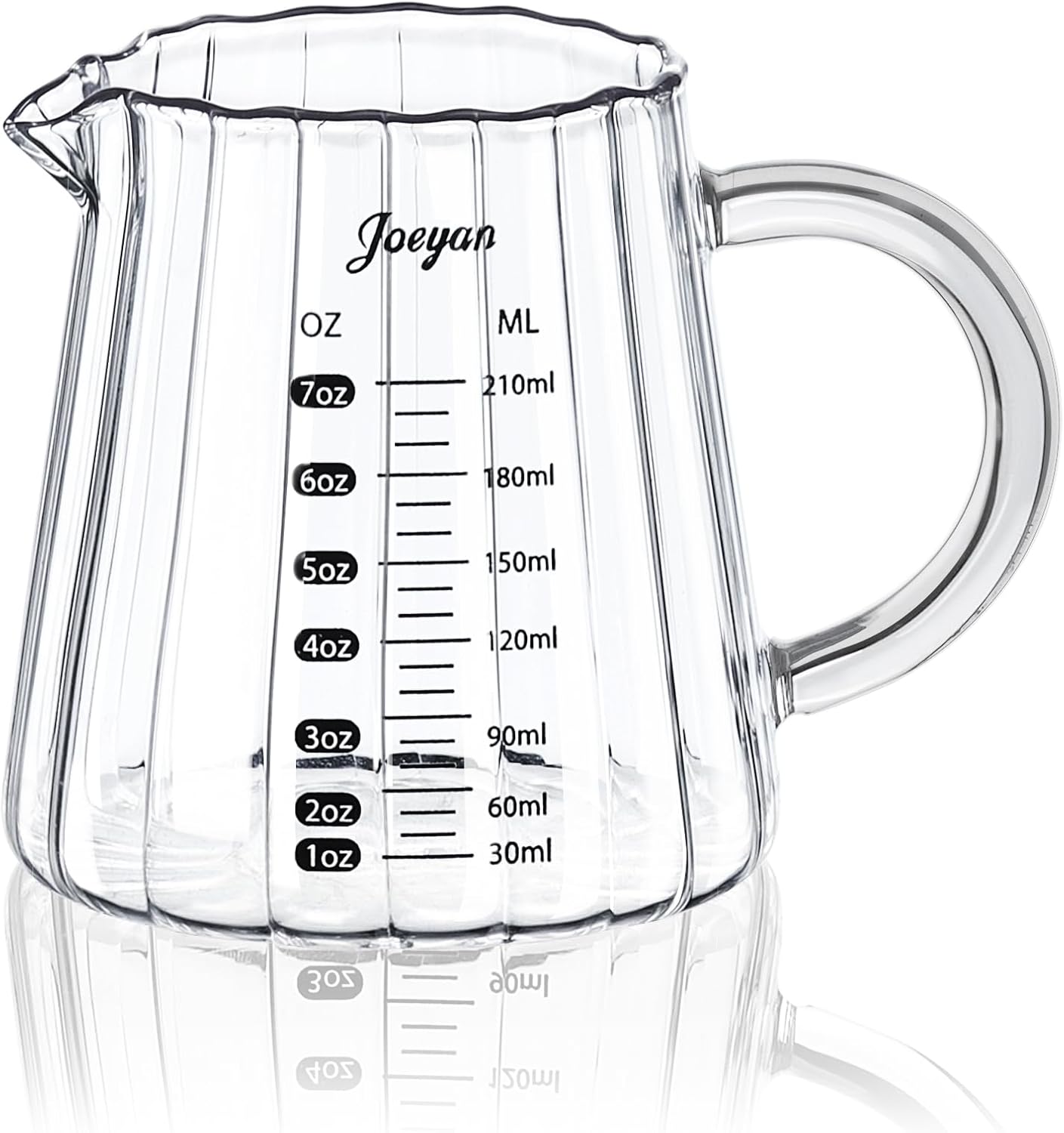 Joeyan 7 oz Glass Measuring Cups with Spout,Borosilicate Large Glass Triple Pitcher with Scale,Origami Style Espresso Shot Glasses with Wood Handle for Coffee Milk