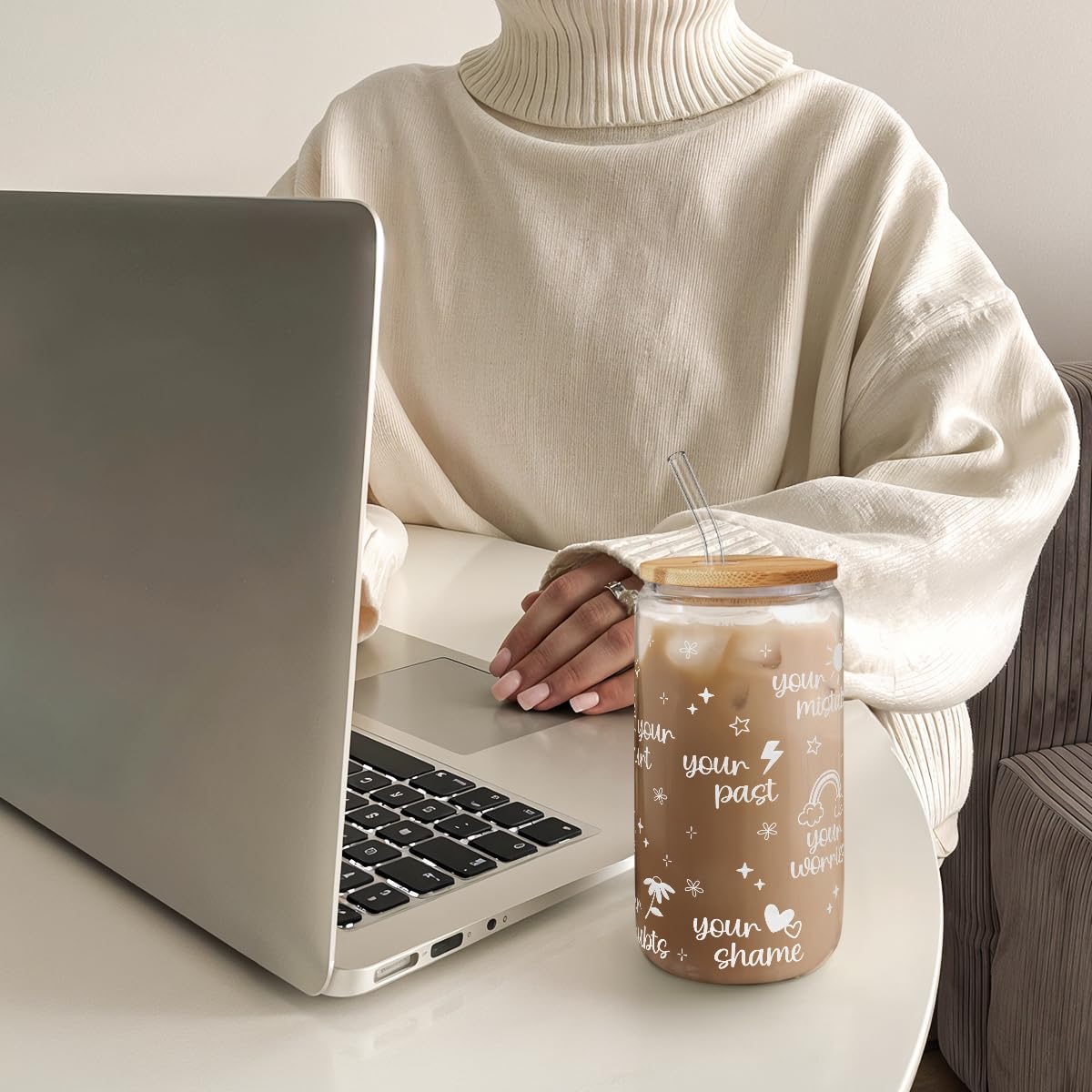 Christian Inspiration16oz Can Glass Tumbler with Bamboo Lid & Straw, Inspirarional Iced Coffee Cup for Women Girls, Religious Gift for Birthday Christmas