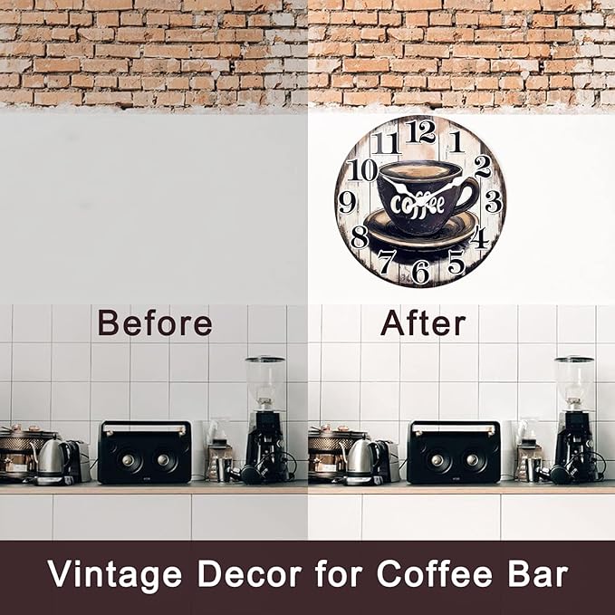 Kitchen Wall Clock, Vintage Glass Coffee Sign Decor Wall Clocks Battery - Image 3