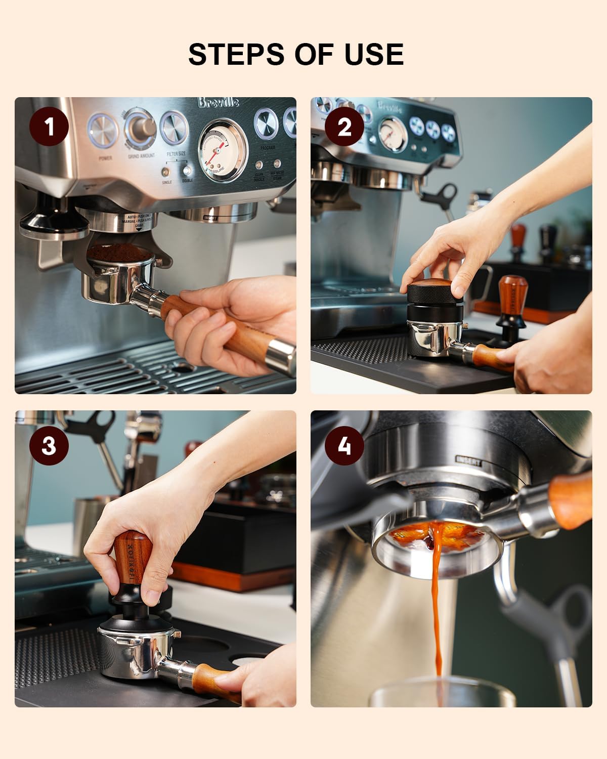 54mm Bottomless Portafilter 3 Ears, Bottomless Naked Portafilter Compatible with Breville/Sage Barista Express BES870/876/878/880/881/450/500/810/840, with Puck Screen and 18g Filter Basket - Rosewood