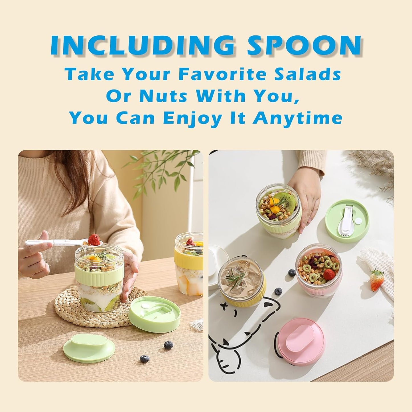 Breakfast On The Go Cups, Overnight Oats Containers With Lid And Folding Spoon, Take And Go Yogurt Cereal Snack Parfait Salad Containers For Lunch, Fruit & Vegetable Jar, 20 oz(Purple)