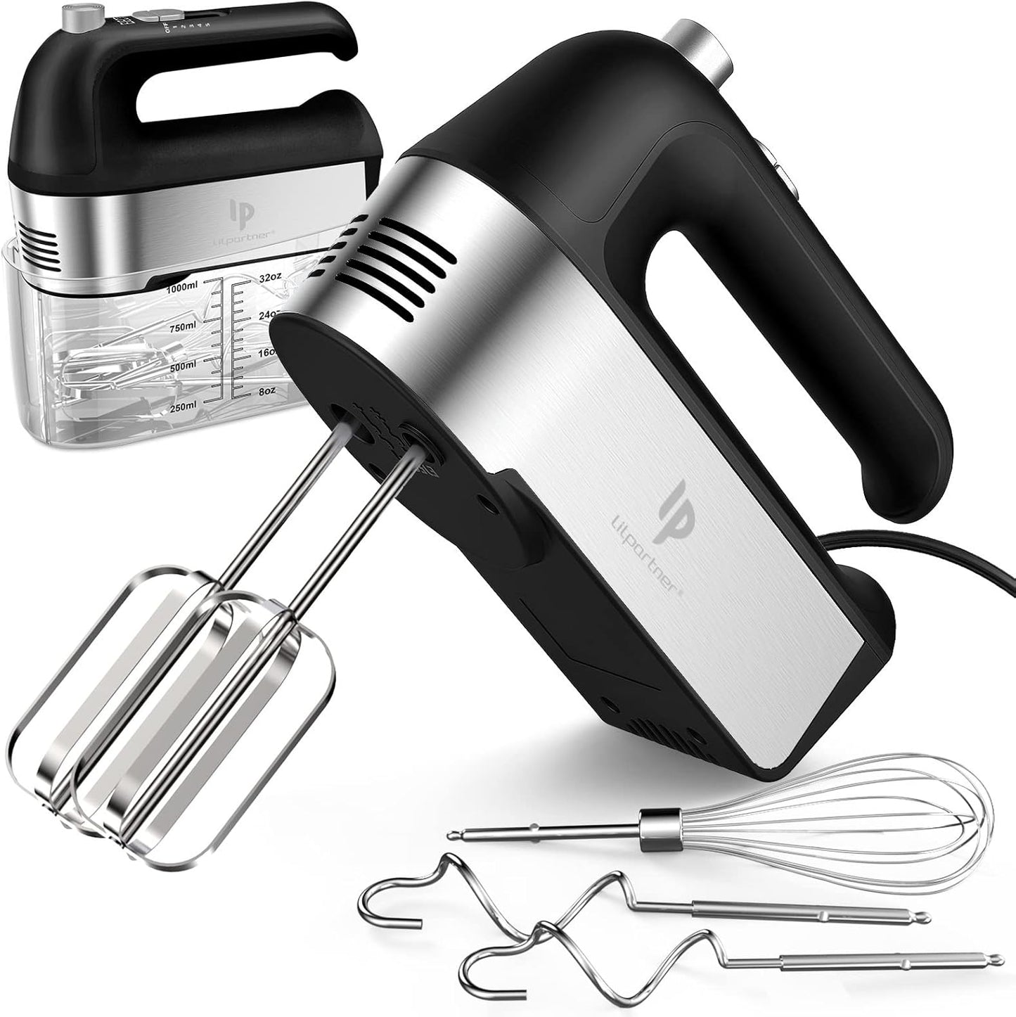 Hand Mixer Electric, 450W Kitchen Mixers with Scale Cup Storage Case, Turbo Boost/Self-Control Speed + 5 Speed + Eject Button + 5 Stainless Steel Accessories, For Easy Whipping Dough,Cream,Cake