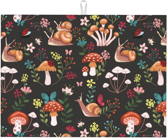 Mushroom Snails Dish Drying Mat for Kitchen Counter 18x24 Inch, Spring Floral Kitchen Drying Mat,Cute Mushrooms Decor Dishes Pad Dish Drainer Rack Mats Absorbent Fast Dry Kitchen Accessories
