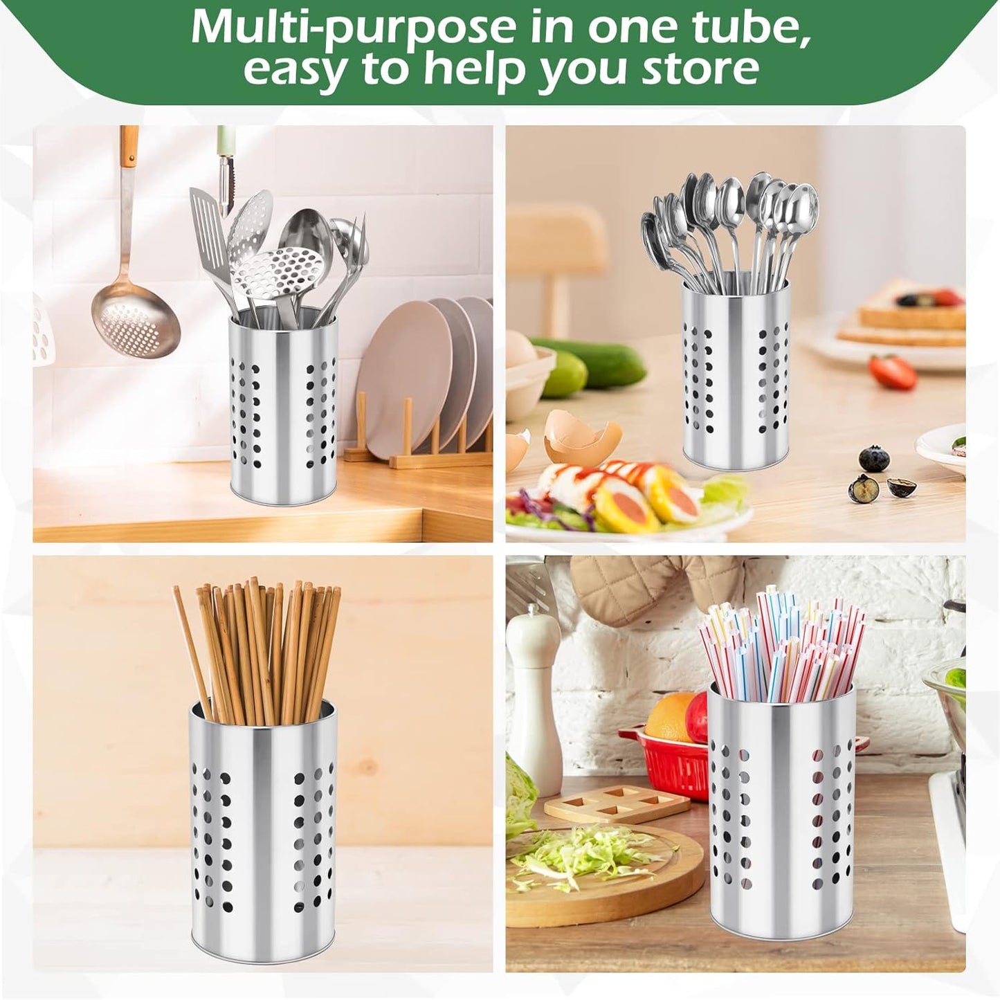 EORTA Stainless Steel Kitchen Utensil Holder Flatware Cylinder Silverware Draining Organizer Drying Rack with Round Drain Holes for Forks, Knives, Spoons, Chopsticks, Medium