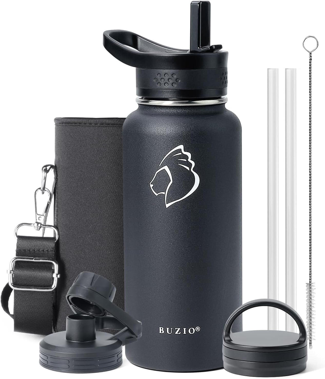 BUZIO 32 oz Water Bottle Insulated with Straw & 3 lid and Carrying Pouch, Leak Proof Anti-Slip Stainless Steel Water Flask Jug, Cold for 48 Hrs Double Vacuum Thermo Canteen, BPA-Free, Black