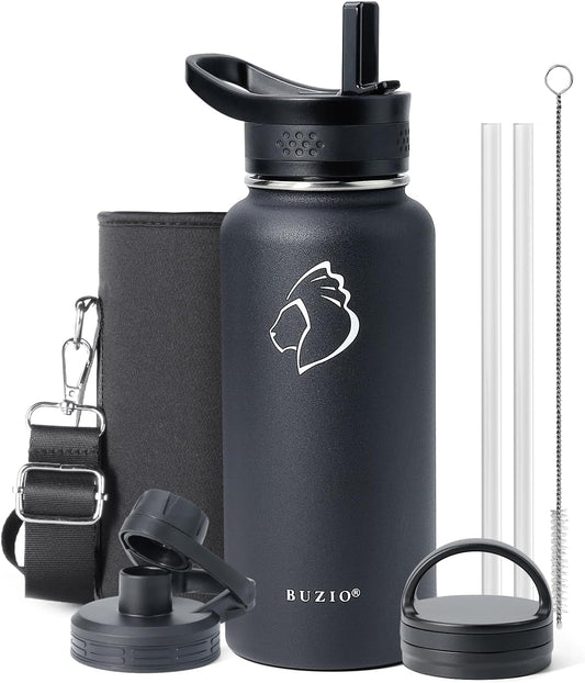 BUZIO 32 oz Water Bottle Insulated with Straw & 3 lid and Carrying Pouch, Leak Proof Anti-Slip Stainless Steel Water Flask Jug, Cold for 48 Hrs Double Vacuum Thermo Canteen, BPA-Free, Black