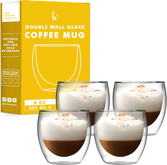 Kitchables Double Wall Glass Coffee Mugs Set of 4, 8oz - Insulated Clear Glass Coffee Mugs for Cappuccino, Latte, Tea, Espresso - Latte Cup - Tazas Para Cafe