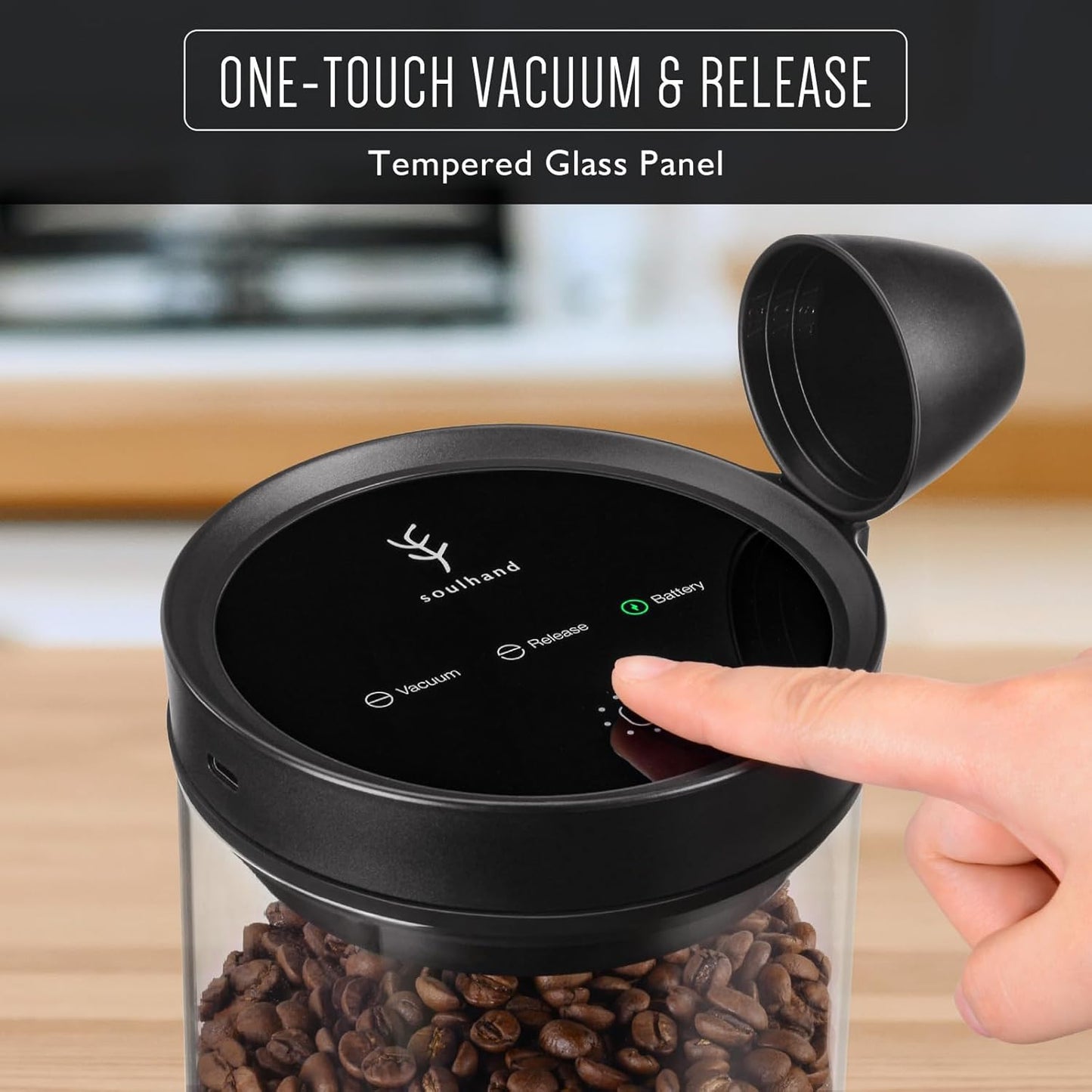 SOUL HAND Vacuum Coffee Canister Automatic Airtight Coffee Containers & Food Storage, Glass Coffee Jar with Spoon, Touch Screen Coffee Storage Container for Coffee Beans/Sugar/Nuts 1.6 L