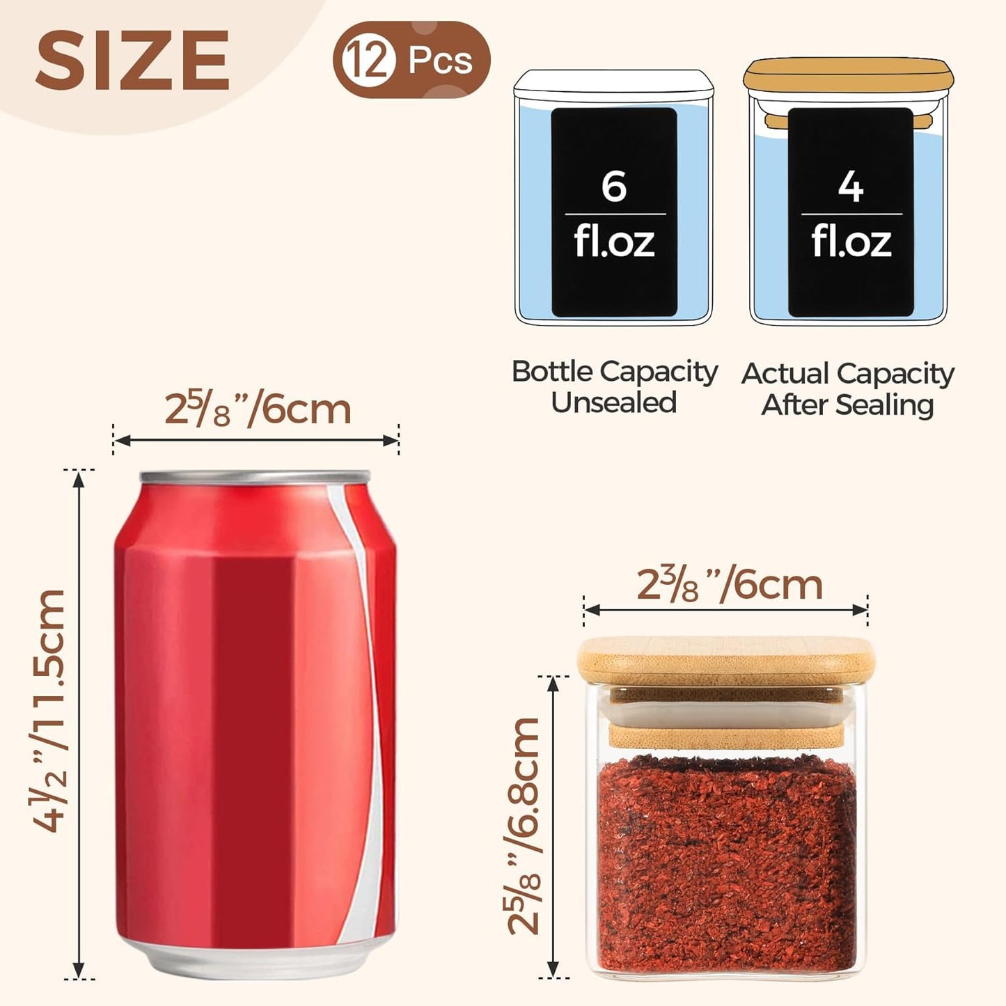 ComSaf 12Pcs Glass Spice Jars with Bamboo Lid, 4oz Airtight Square Spice Containers with 275 Black Lables, Empty Seasoning Jars for Spice Salt Sugar