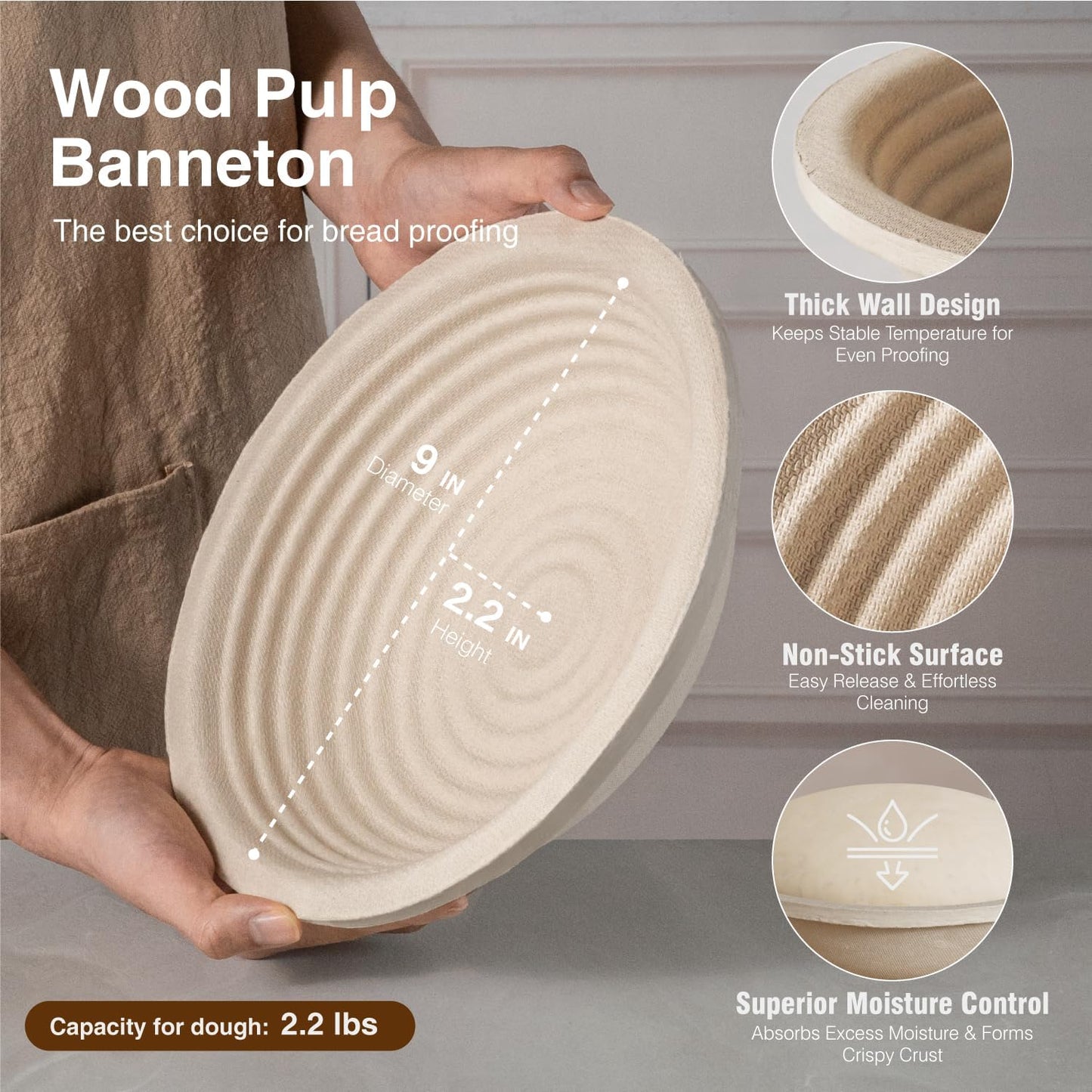 Wood Pulp Banneton Bread Proofing Basket Set, 9" 2.2LB Round Sourdough Banneton Basket Kit, Sourdough Bread Making Tool Baking Supplies with Proofing Bowl, Cover, Dough Whisk, Lame, Scraper