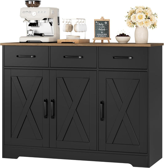 HOSTACK Modern Farmhouse Buffet Sideboard Cabinet, Barn Doors Storage Cabinet with Drawers and Shelves, Wood Coffee Bar with Storage for Dining Room, Kitchen, Living Room, Black/Rustic Brown
