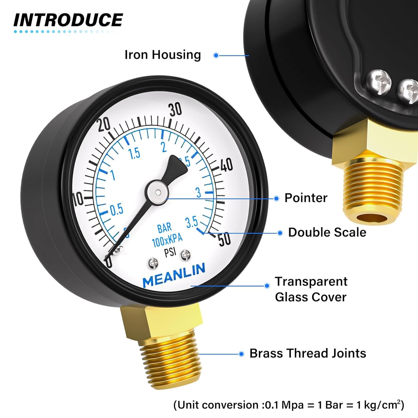MEANLIN MEASURE 0-50Psi 2" DIAL FACE 1/4" NPT Well Pump Pressure Gauge, with 1/2" NPT and 3/8" NPT Hex Bushing, 3-2-3% Accuracy, Lower Mount