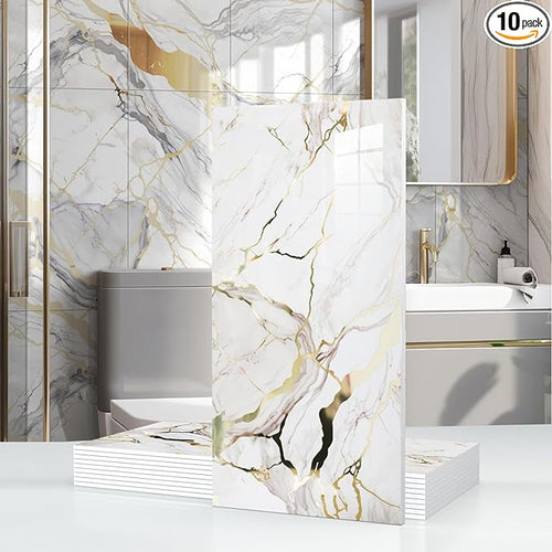 10pcs Thick Marble Peel and Stick Waterproof Wall Panels, Heat-Resistant by Chejiaye