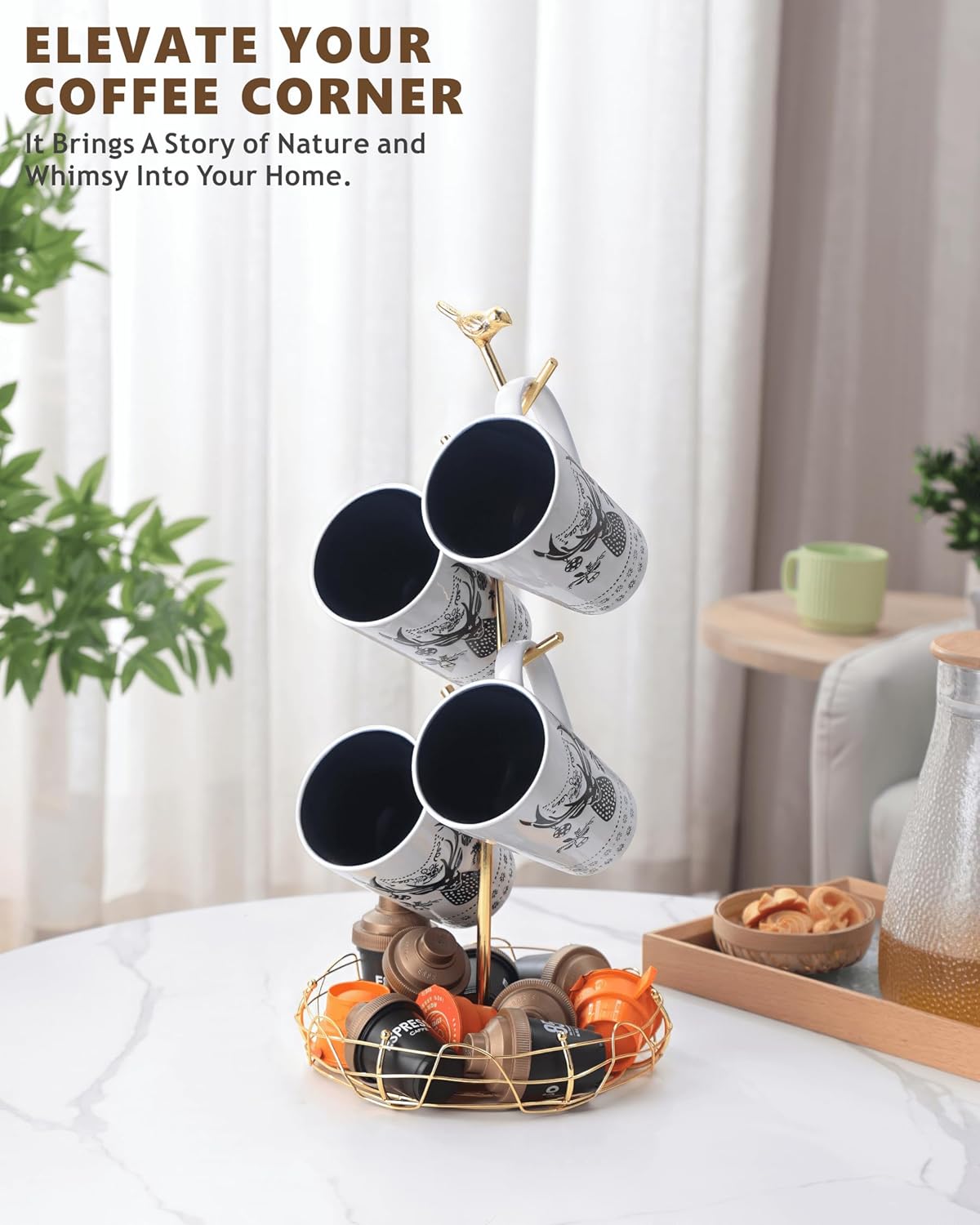Gold Mug Holder & Mug Tree for Countertop, Decorative Bird Mug Rack for Counter Large Mugs with Nest Storage Basket, Coffee Cup Stand for Coffee Bar Accessories & Jewelry