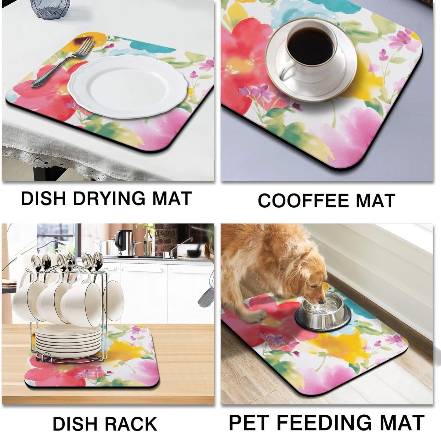 Dish Drying Mat, 16x18in, Watercolor Flower, Rubber Backed, Absorbent, Quick Dry, Fit Kitchen Counter, Bar, Under Sink, Dishes, Utensils, Dish Rack