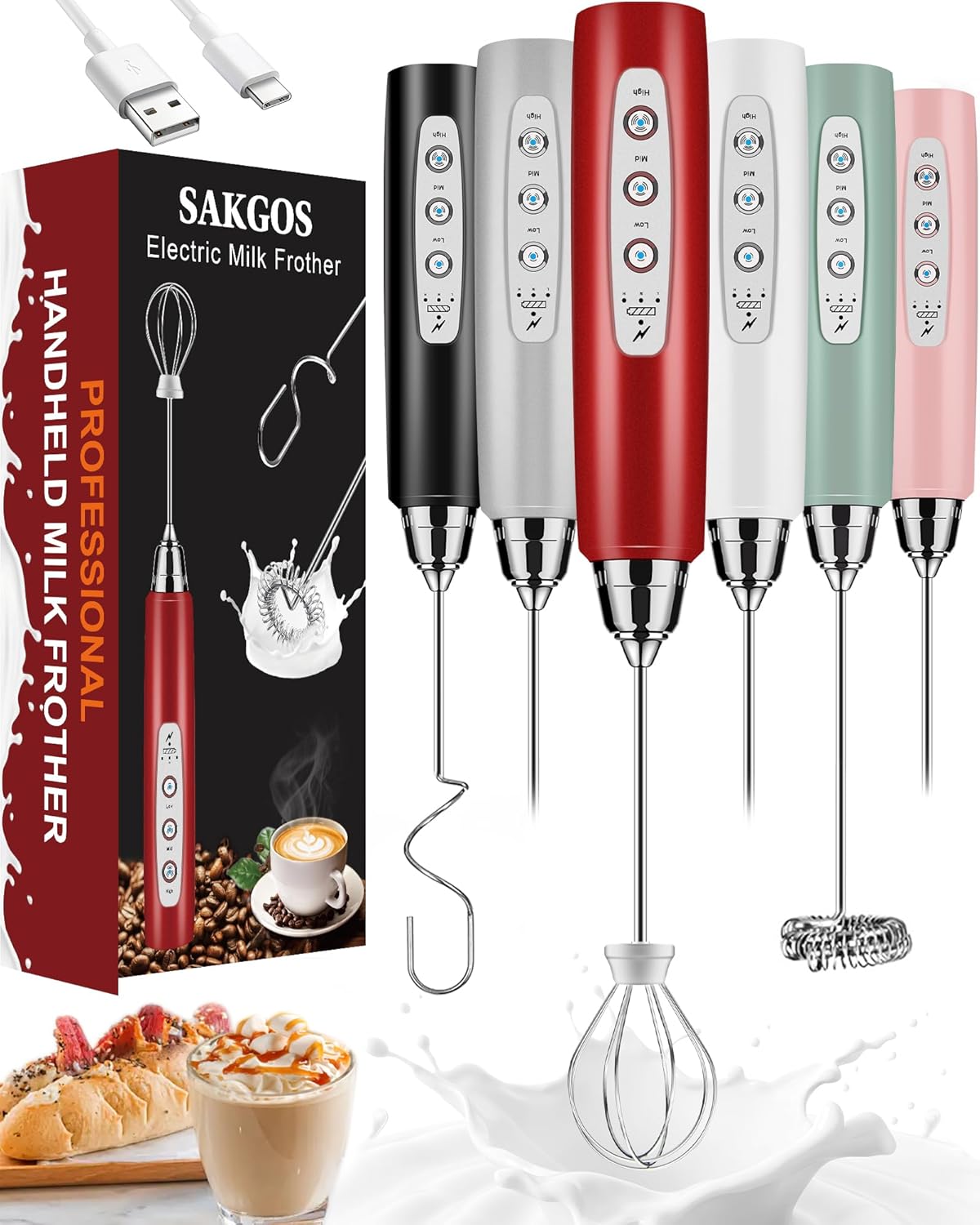 Milk Frother Rechargeable Handheld-Electric Whisk 3 Speed Adjustable, Frother Wand Coffee with 3 Stainless Whisks, Electric Foam Maker, Drink Mixer Blender for Latte Cappuccino Matcha Egg