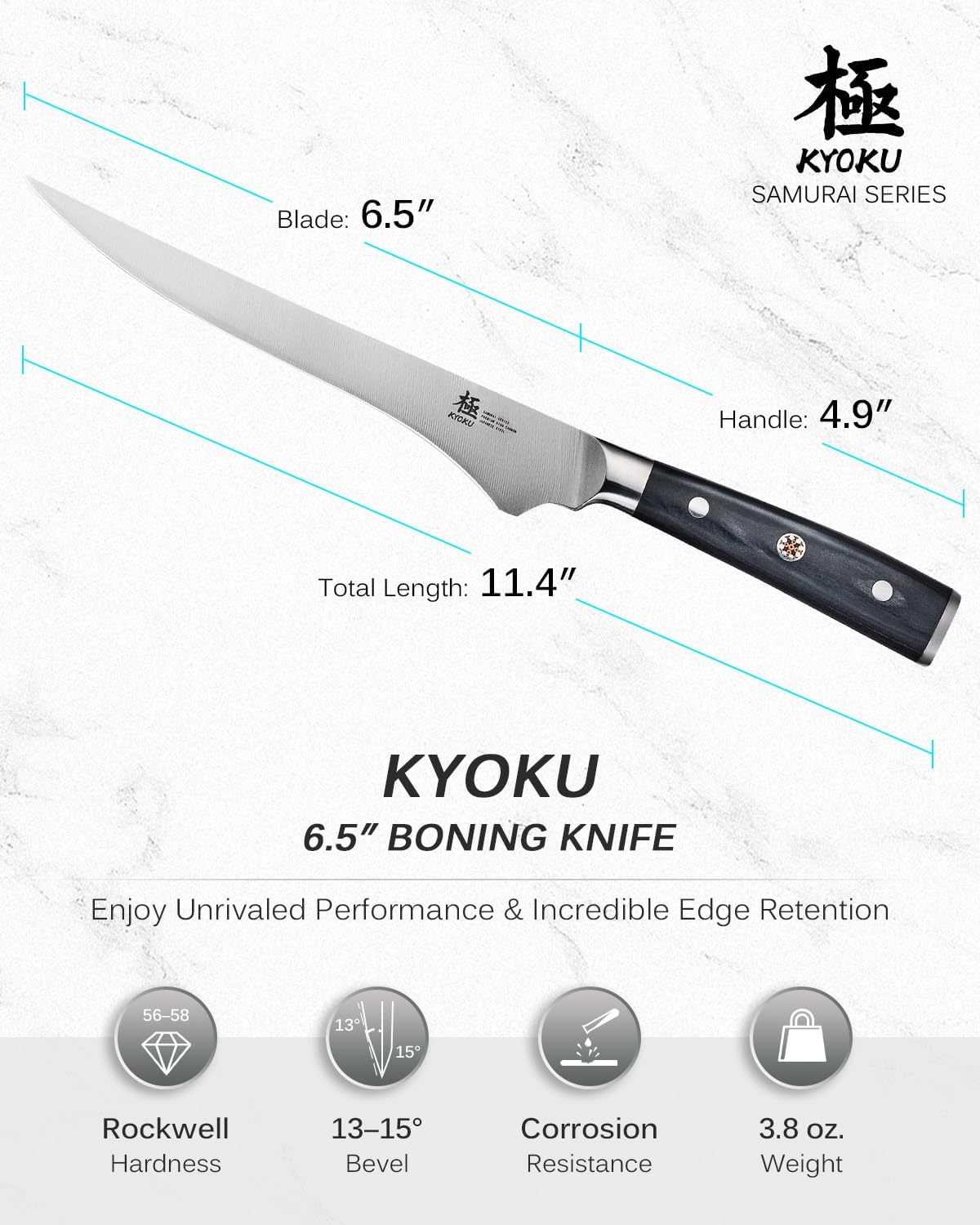 KYOKU 6.5" Boning Knife for Meat Cutting, Samurai Series Filet Knife with Pakkawood Handle, Japanese High Carbon Steel, Full Tang Kitchen Knife for Lamb Chop Pork Shoulder with Sheath and Case