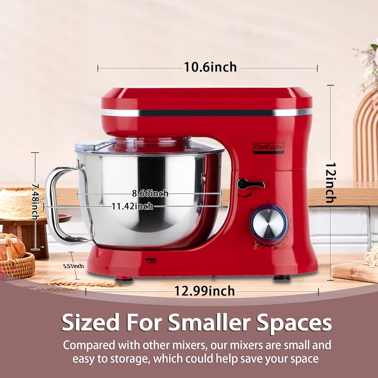 Household Stand Mixer with 6.5 Quart Bowl, Electric Food Mixer 10+p Speeds 660W, Kitchen Tilt-Head Bread Dough and Cake Mixers with Dough Hook, Whisk, Beater, Splash Guard and Egg Separator (Red)