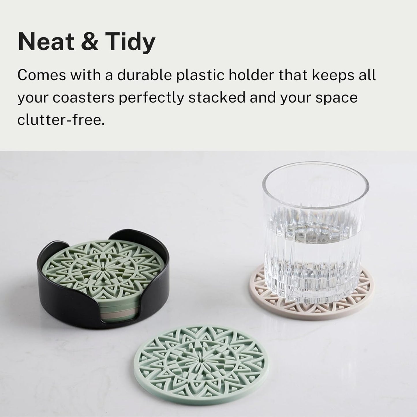 Set of 6 Baby Blue Silicone Coasters with Holder, Drink Coasters with Tribal Pattern Shape- for Table Protection, Anti Slip, Nonstick, Heat Resistant, Deep Tray