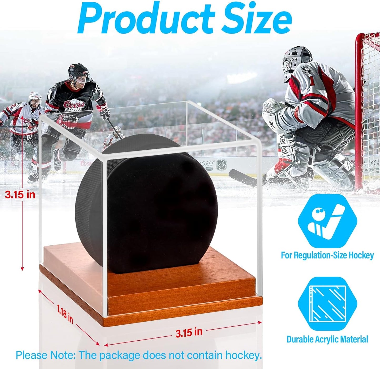 Hockey Puck Display Case, Pucks Display Cases with Wooden Base, Acrylic Clear Box - Hockey Memorabilia Storage Holder, for Enthusiasts & Collectors & Fans (2 Pack, Square)