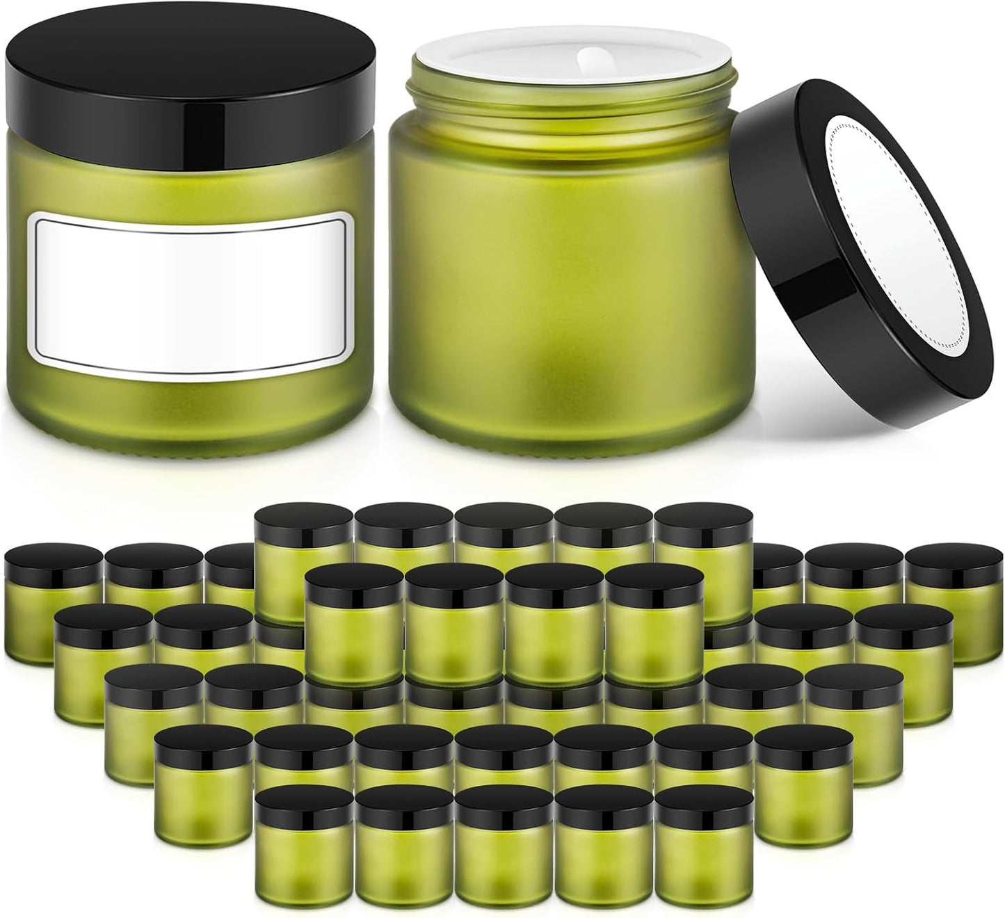 2 oz Small Glass Jars with Lids, Bumobum 48 pack Round Green Glass Candle Jars with Black Lids, White Labels & Inner Liners, Empty Cosmetic Containers for Cream, Lotion, Slime, Ointment