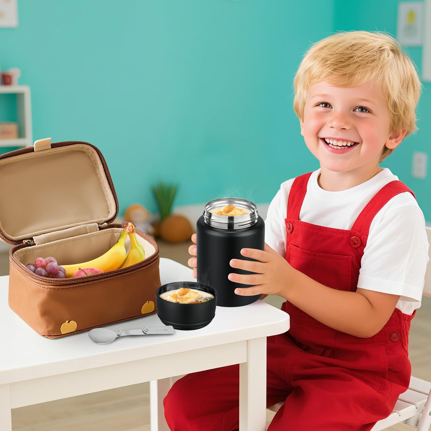 Soup Thermo for Hot Food Kids 16oz Insulated Food Jar Leakproof Thermo Lunch Container for Kids Wide-Mouth Stainless Steel Lunch Box for School with Handle Folding Spoon(3+)