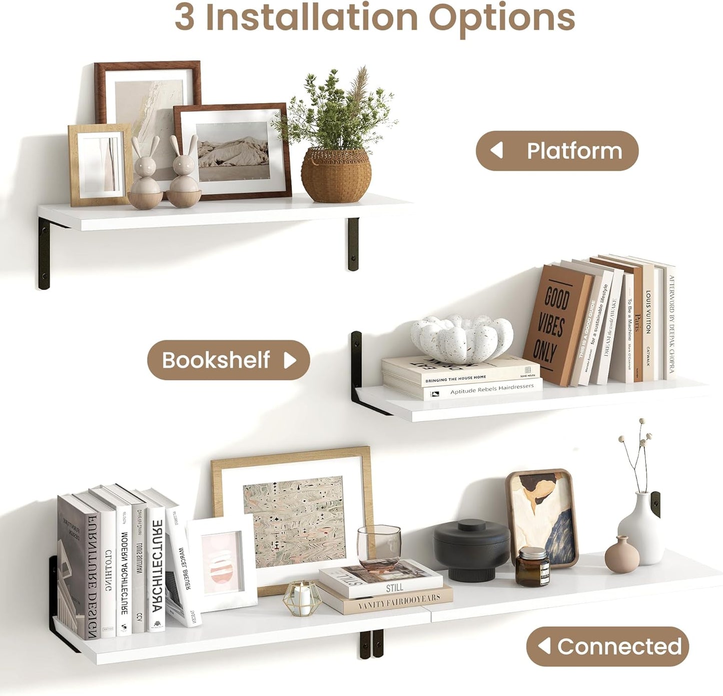 Fun Memories Deep Floating Shelves, 24W x 8D Floating Shelves Set of 2, Wall Mounted Shelf with Metal Brackets, Rustic Wood Wall Shelf for Bathroom, Kitchen and Living Room, White