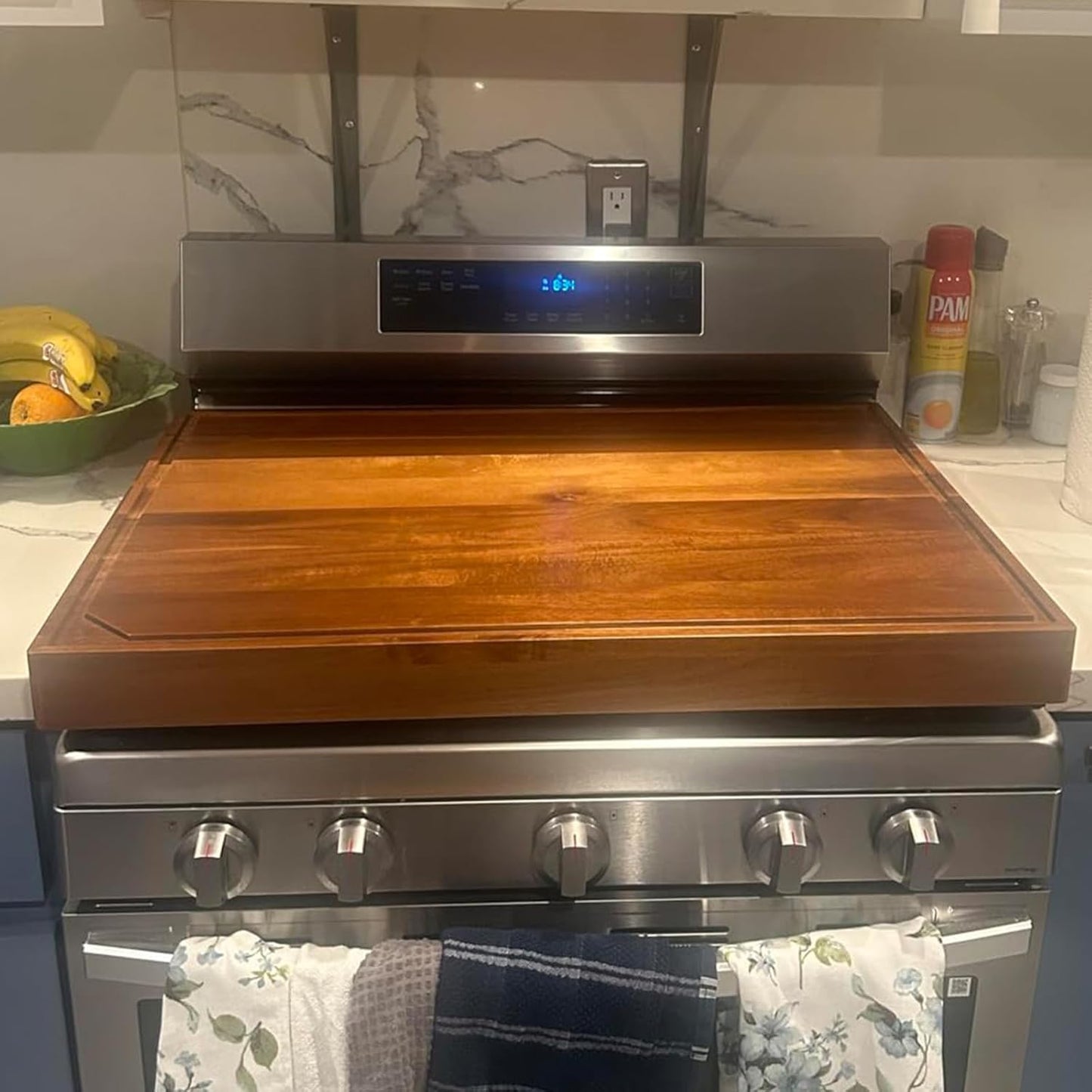 Acacia Noodle Board Stove Cover with Wavy Handles, Wooden Stove Top Cover for Gas Burners & Electric Stove, Stovetop Cutting Board with Juice Grooves, Serving Tray 30"L x 22"W x 2.5"H