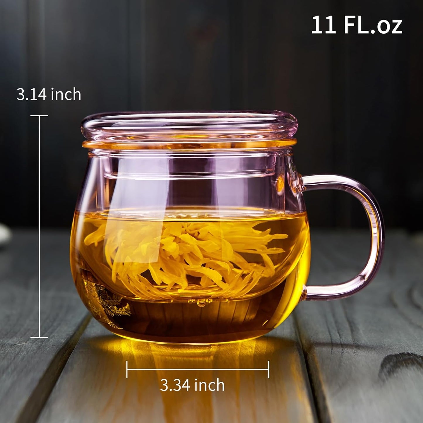 11oz Pink Glass Tea Cup with Infuser and Lid– Versatile and Elegant Gift for Women, Perfect for Loose Leaf Tea and Other Beverages